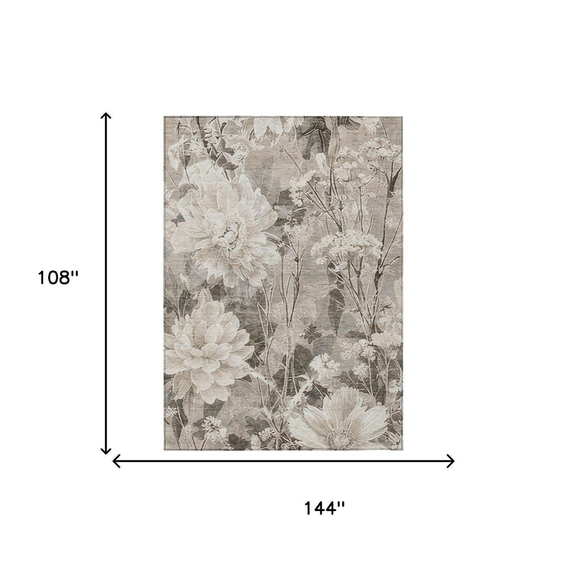 Taupe and brown floral area rug, rectangular size diagram with two floral tones