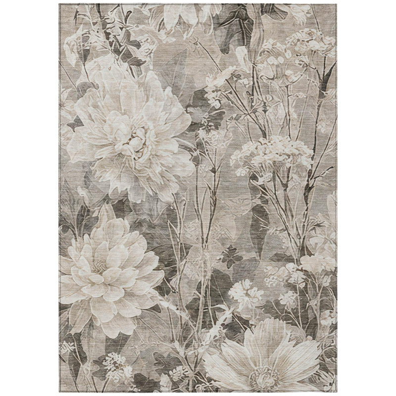 Taupe and brown floral area rug with scattered blossoms and leafy branch pattern