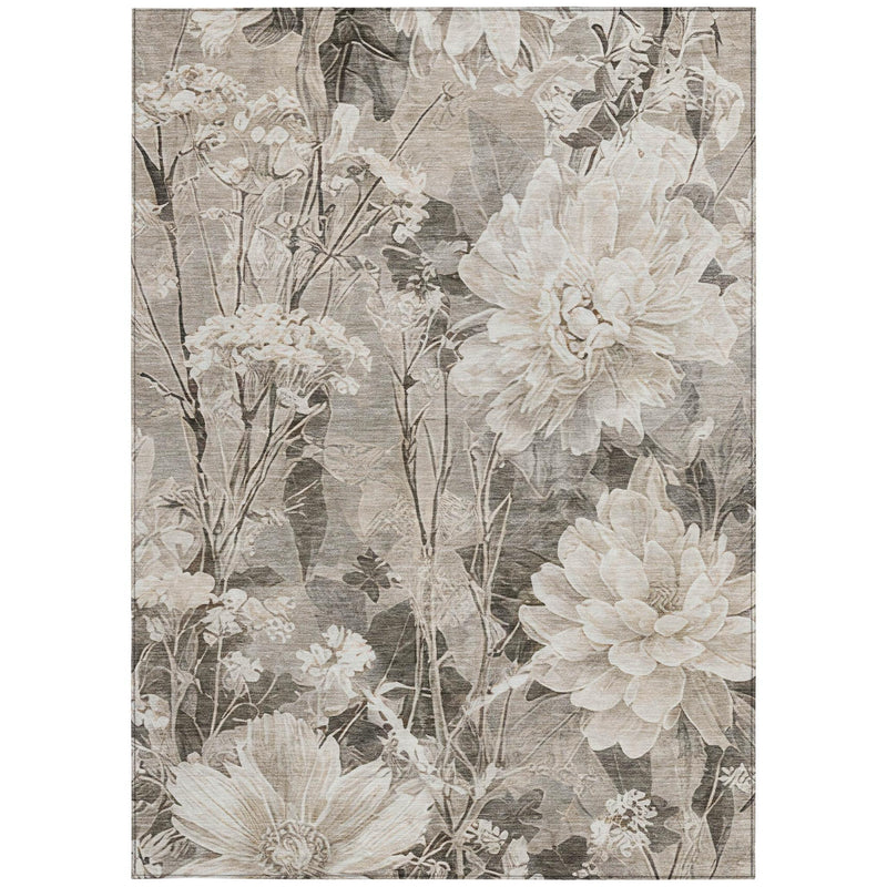 Taupe and brown floral area rug with large white flower and branch motif