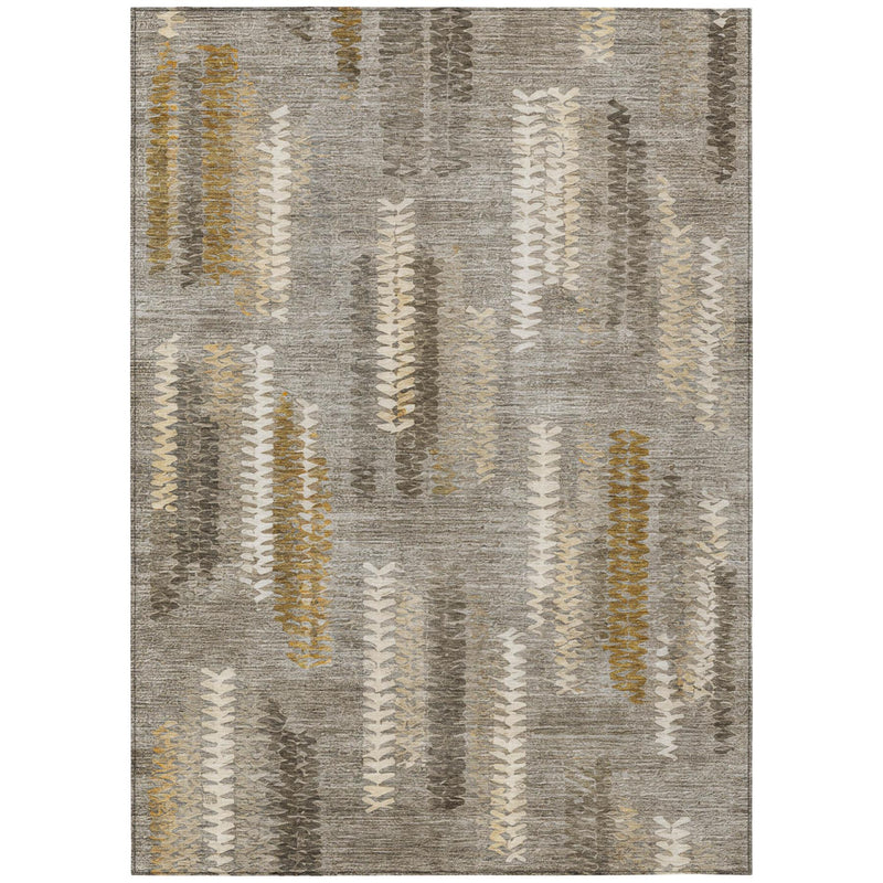 Abstract area rug with vertical zigzag bands in gray, cream, and mustard-gold