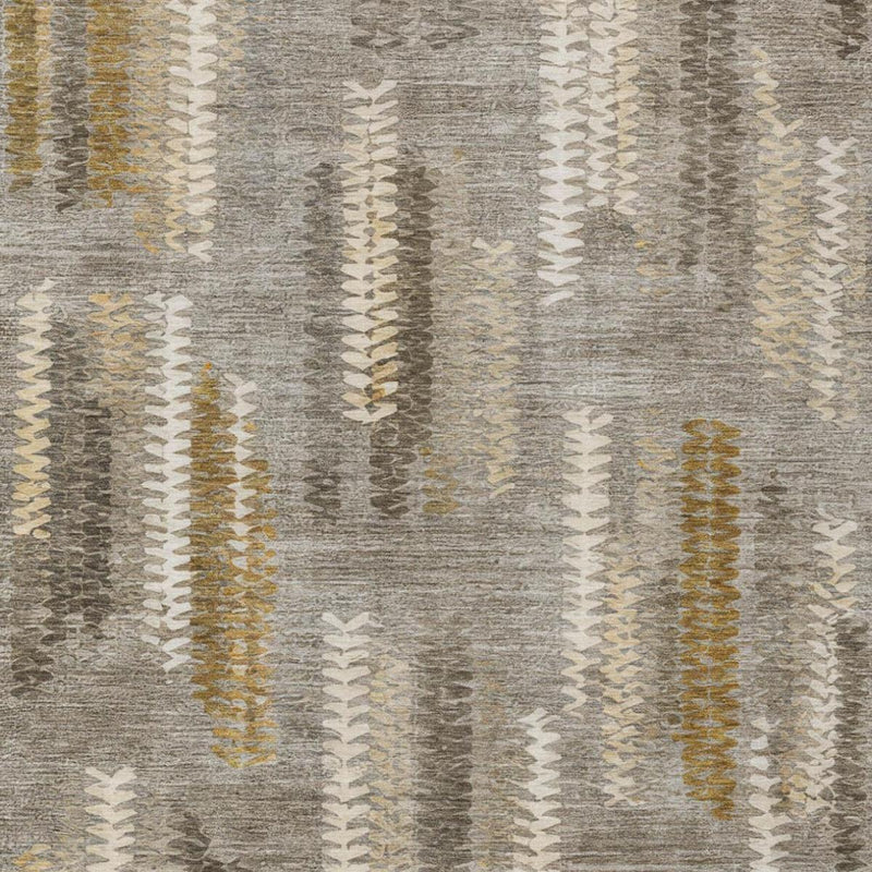 Abstract area rug close-up with pewter-gray vertical texture and mustard-gold accents