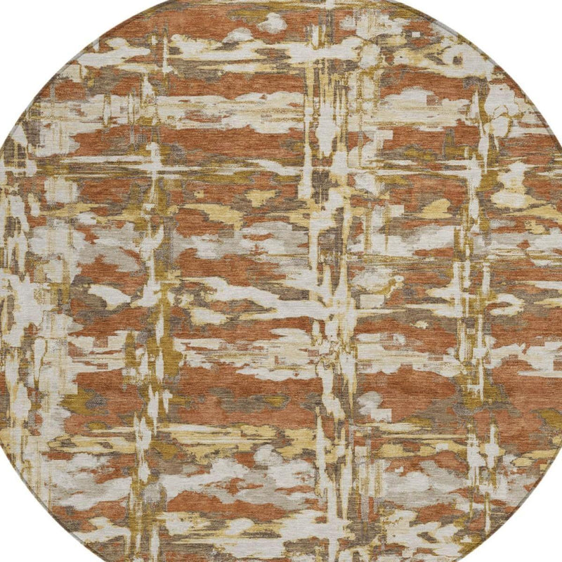 Round abstract rug with vertical distressed lines in rust, tan, and cream