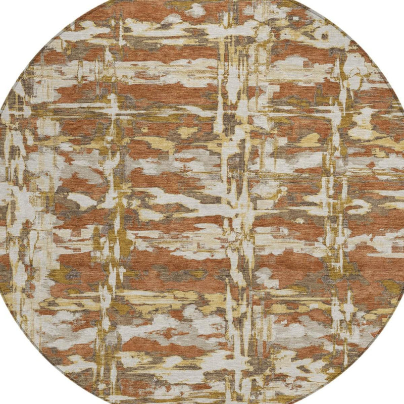 Round abstract area rug, distressed rectangles and lines in rust, tan, and cream