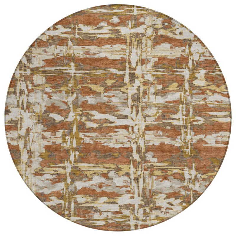 Round abstract rug pattern with layered brush textures in brown and cream