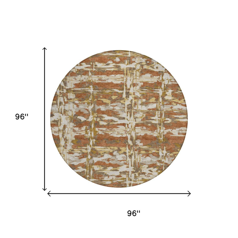 Round abstract washable indoor outdoor area rug, rust and cream brick pattern