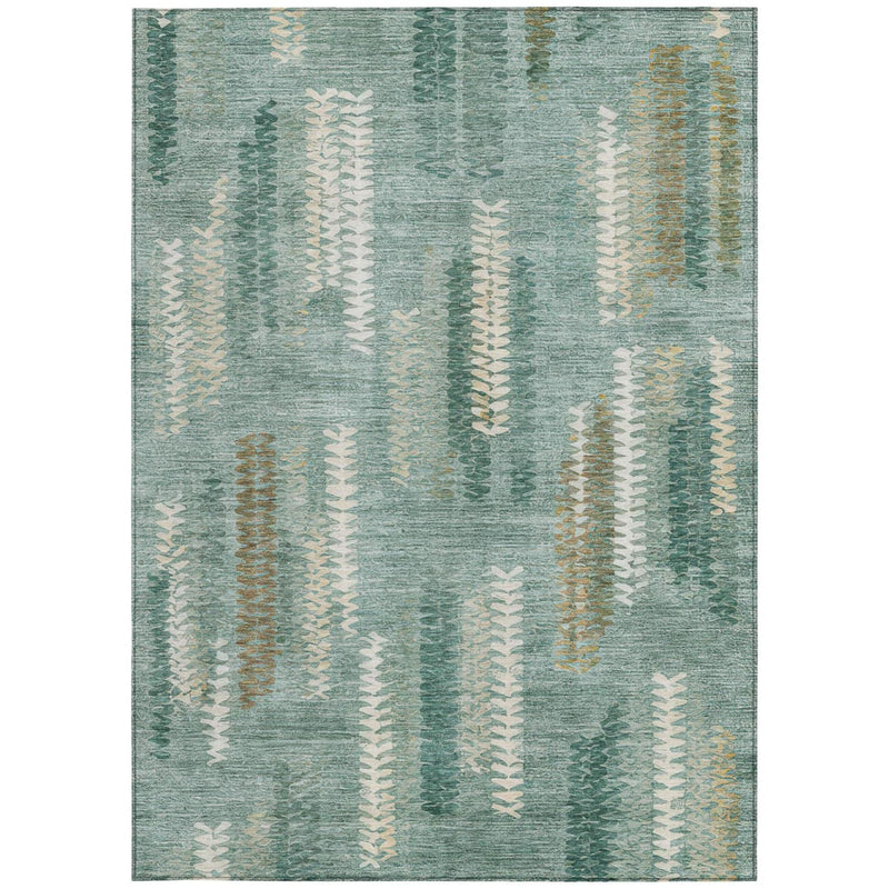 Abstract area rug with aqua teal background and repeating off-white, gold, and green motifs