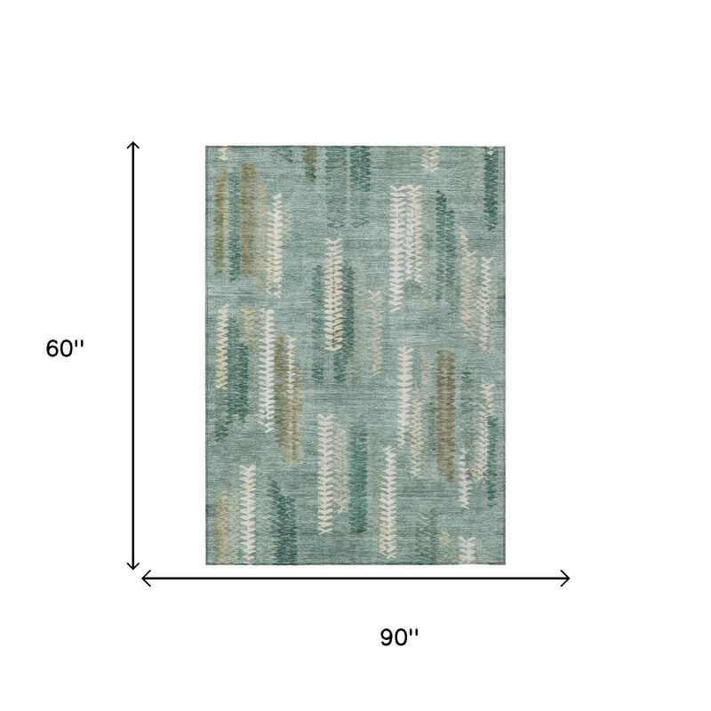 Rectangular abstract area rug, teal aqua tones with off-white and gold vertical pattern
