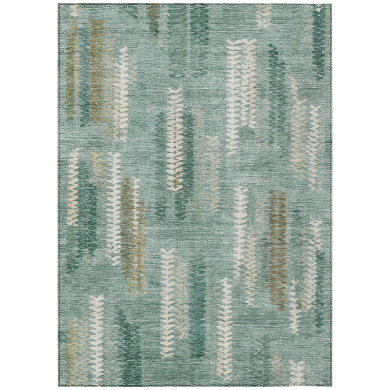 Abstract rectangular area rug with teal and aqua stripes, off-white and gold accents