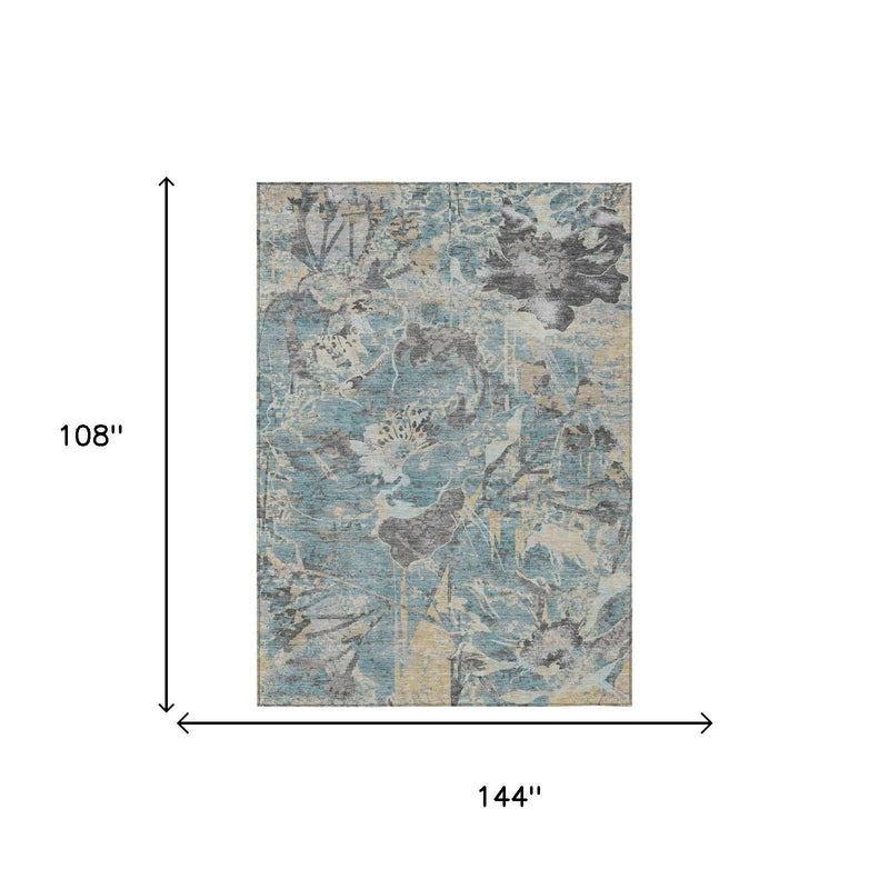 Teal-blue rectangular area rug, 108 x 144 inch size with gray and silver floral pattern