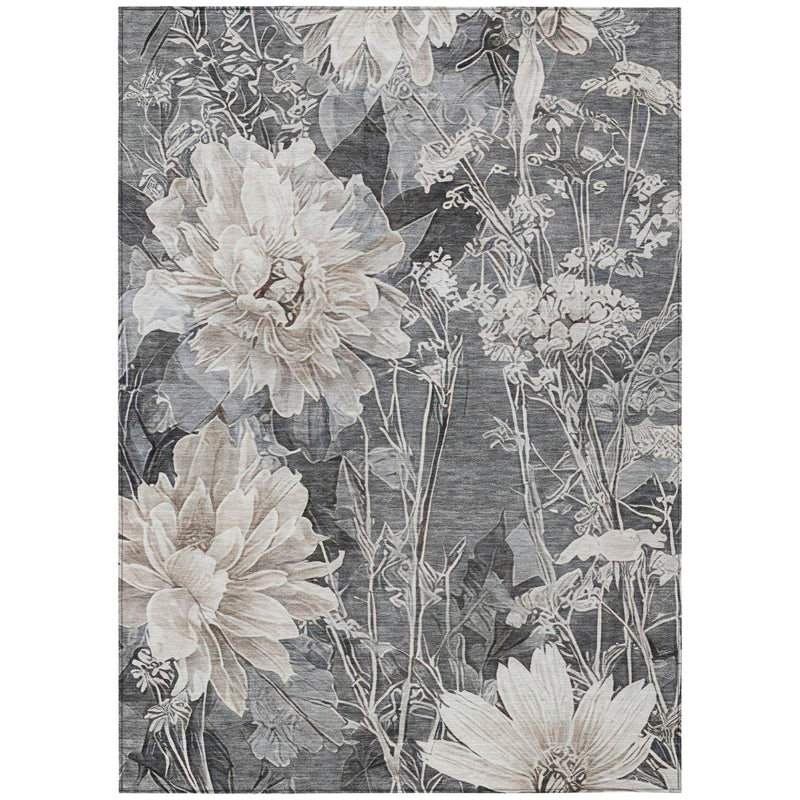 Gray indoor outdoor rug featuring silver floral sprays and soft blossom shapes
