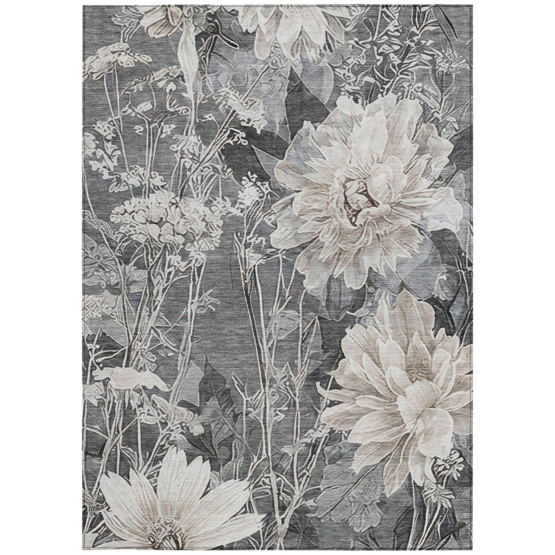 Gray and silver floral area rug with large blossoms and botanical linework