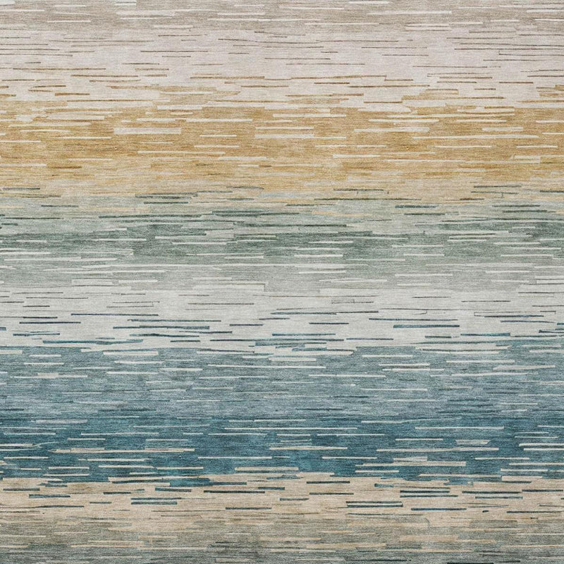 Close-up of teal blue and silver area rug with short horizontal stripe texture