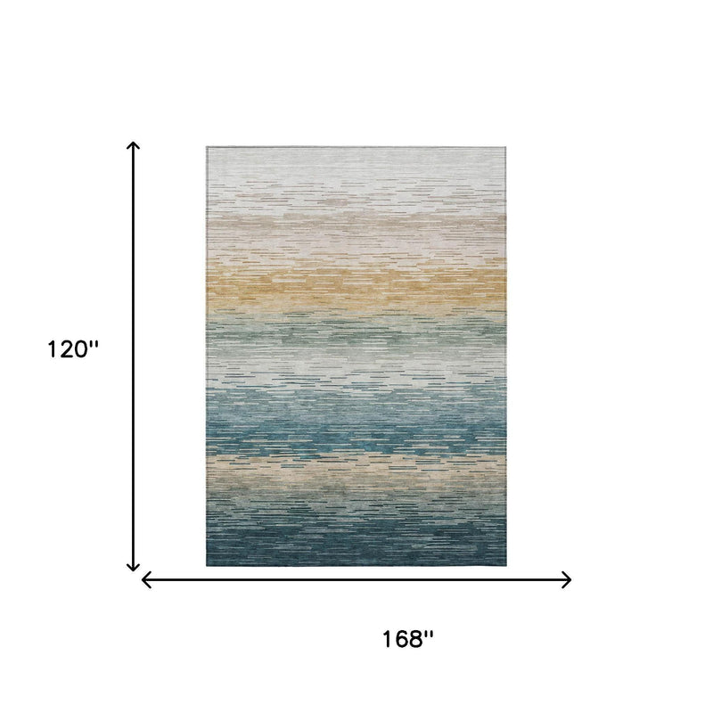Rectangular 10x14 teal blue and silver striped indoor/outdoor area rug size view