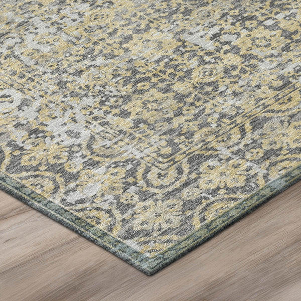 Gray and beige abstract washable area rug with distressed multicolor pattern and border