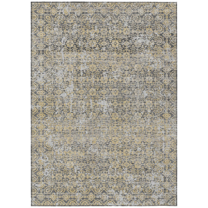 Gray and beige abstract area rug with distressed geometric pattern and border design