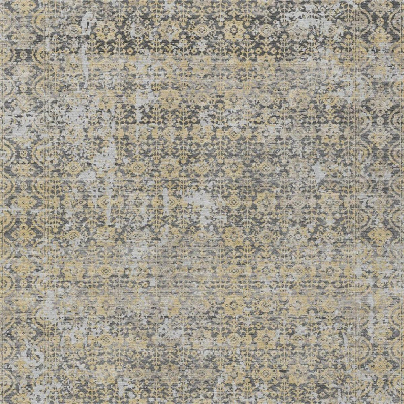 Gray and beige abstract area rug with ornate damask-style motif border and faded center