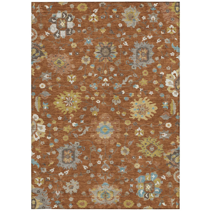 Brown floral area rug featuring dense multicolor blossoms and geometric medallions