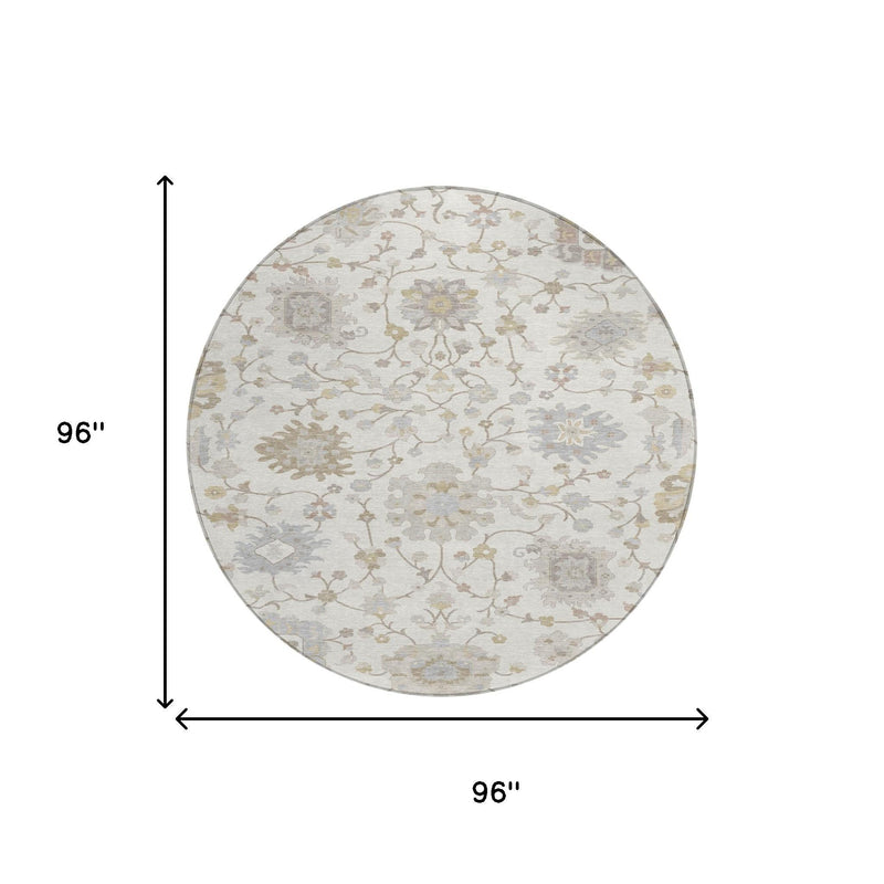 Round floral area rug with multicolor vine and flower motifs, flat size view