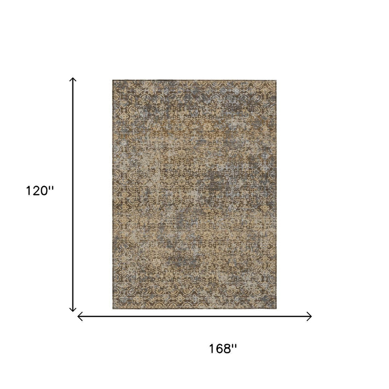 Abstract rectangular area rug in beige and brown with dark blue accents