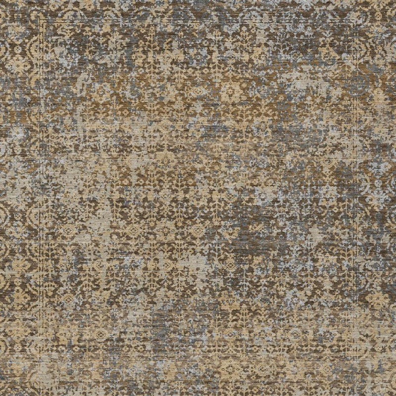 Close-up abstract washable area rug in beige, brown, and muted blue flecks