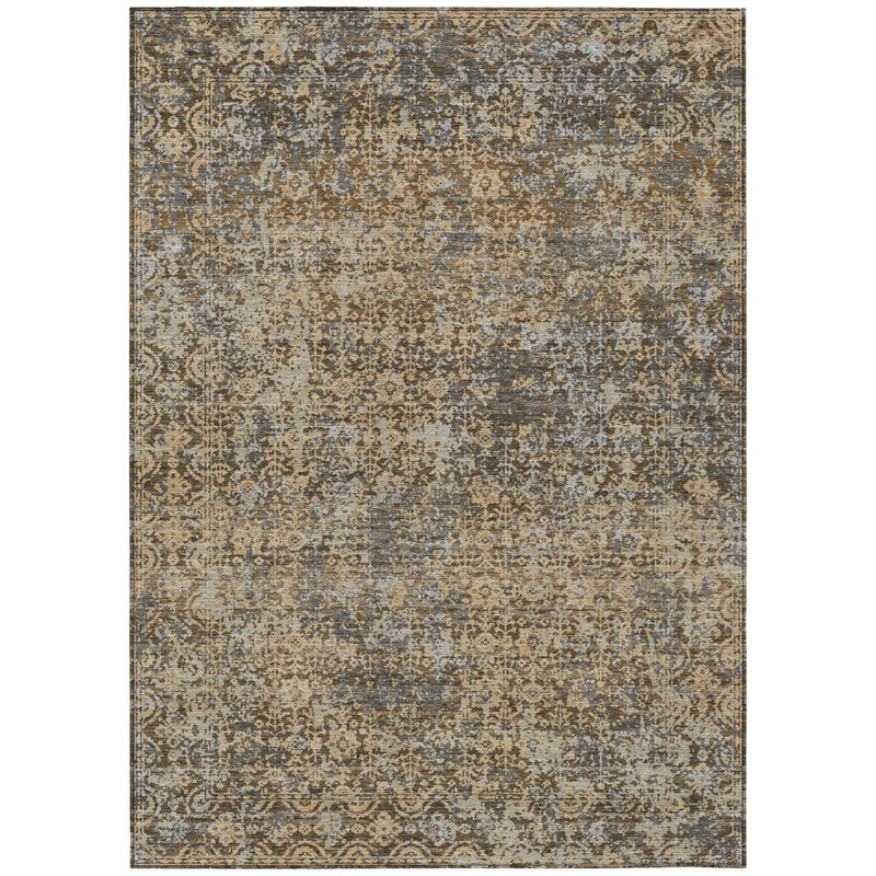 Rectangular abstract area rug with border, beige and brown speckled design