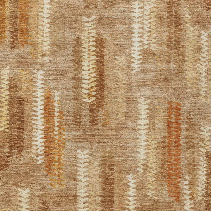 Abstract tan area rug with vertical zigzag stripes and copper and orange highlights