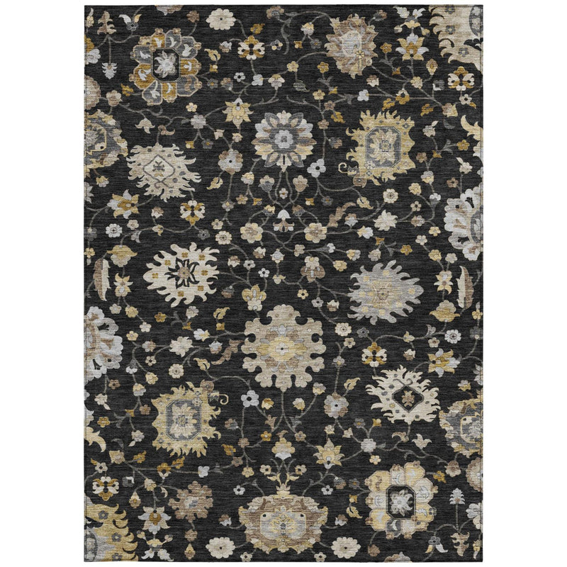 Black floral area rug with gold accents and light medallion motifs