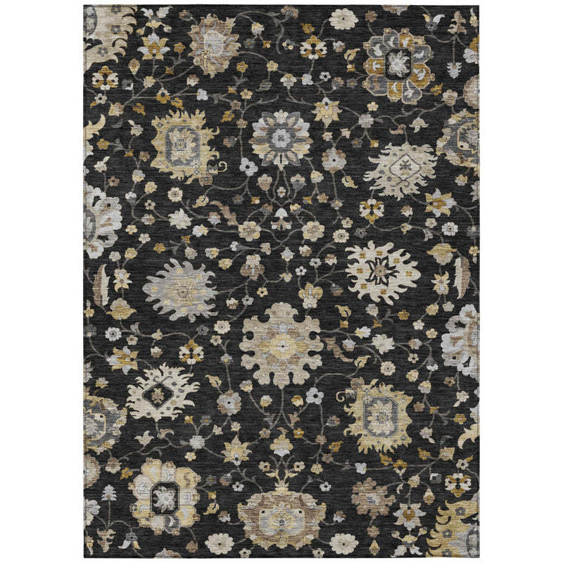 Black-and-graphite floral area rug with ornate, scattered blossom and medallion pattern