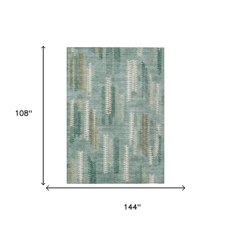 Teal abstract area rug with cream zigzag motif, 9 x 12 ft dimensions shown