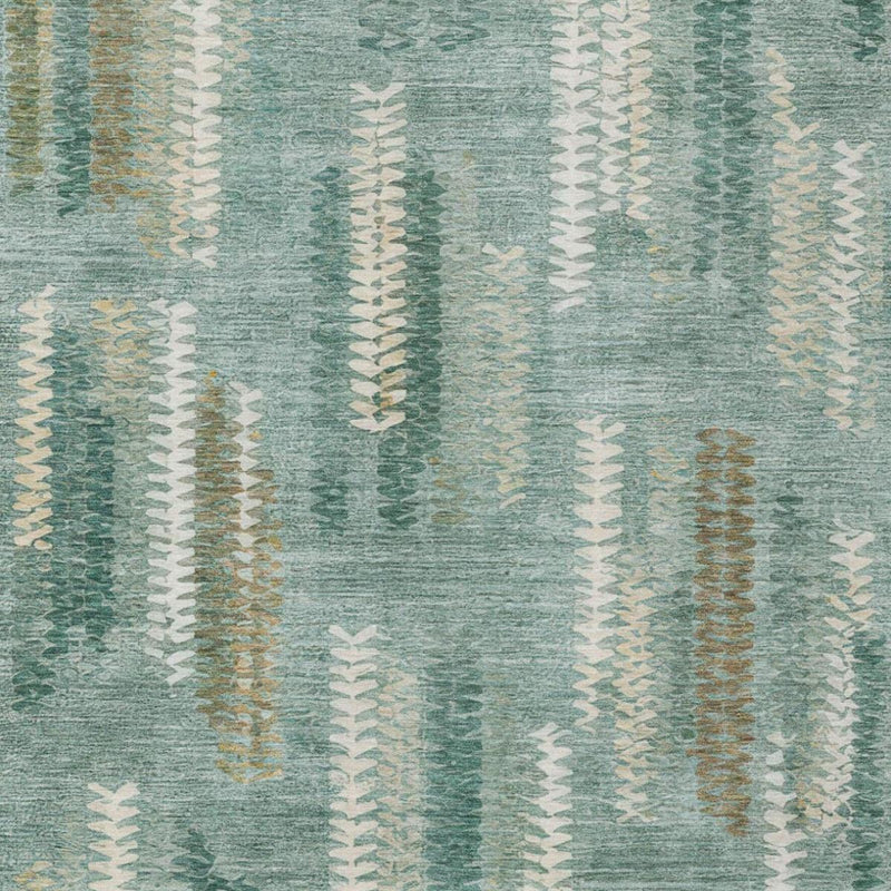 Abstract teal area rug with vertical cream zigzag lines and subtle gold accents