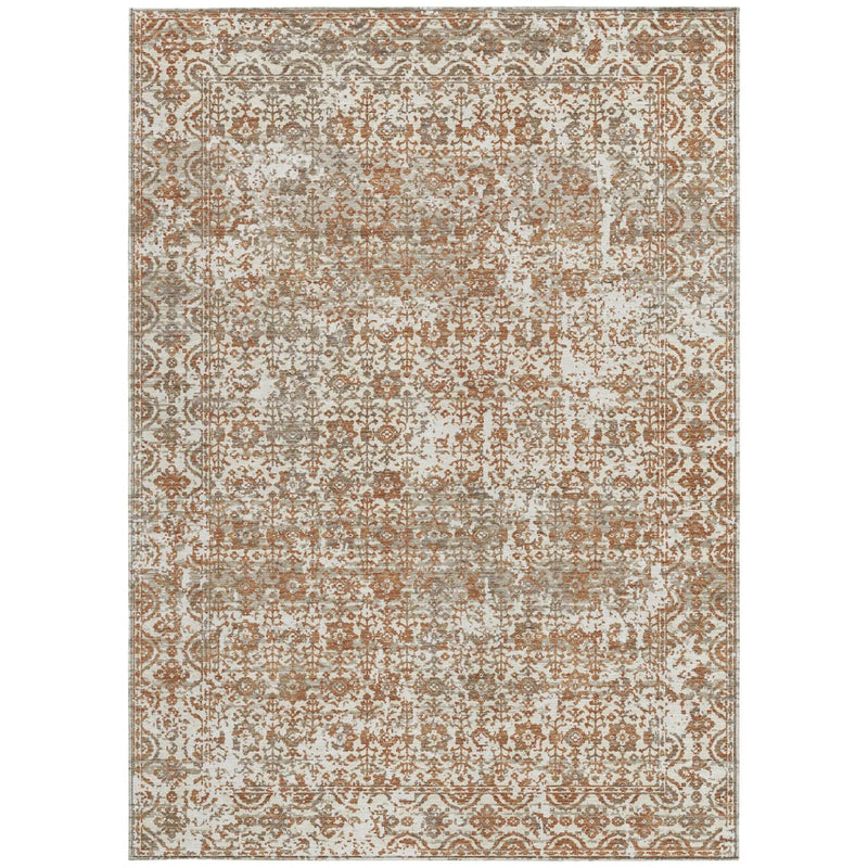 Rectangular abstract area rug in cream and ivory with warm brown ornate detailing
