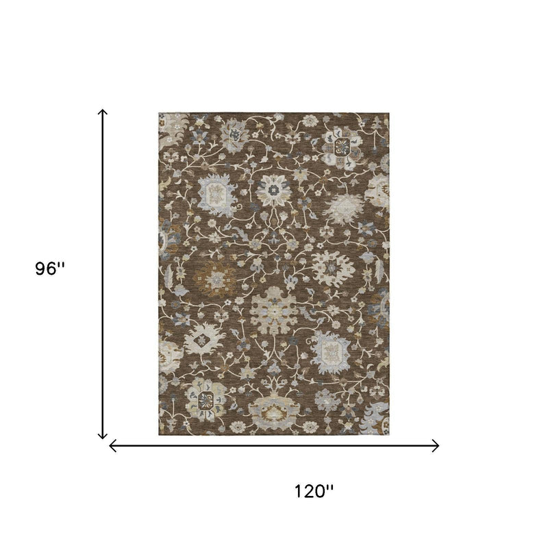 Brown floral area rug with cream and light blue motif pattern, laid flat