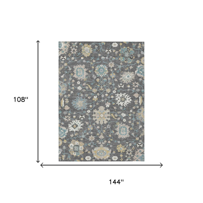 Gray floral area rug, 144 x 108 in, with blue and cream medallion design