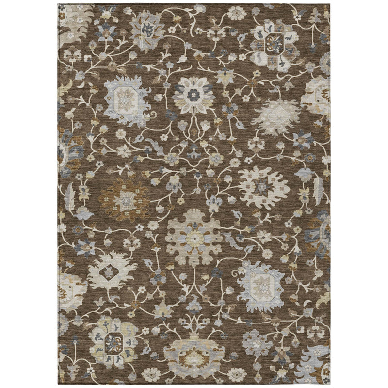 Brown washable indoor outdoor area rug with cream and light blue floral lattice pattern