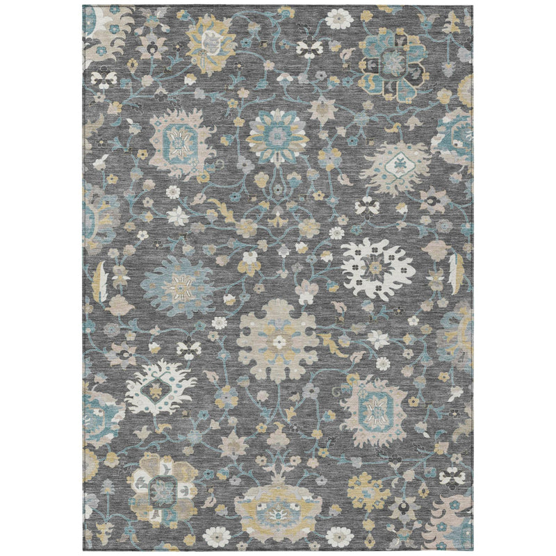 Full view gray area rug with ornate floral medallions in light blue and cream