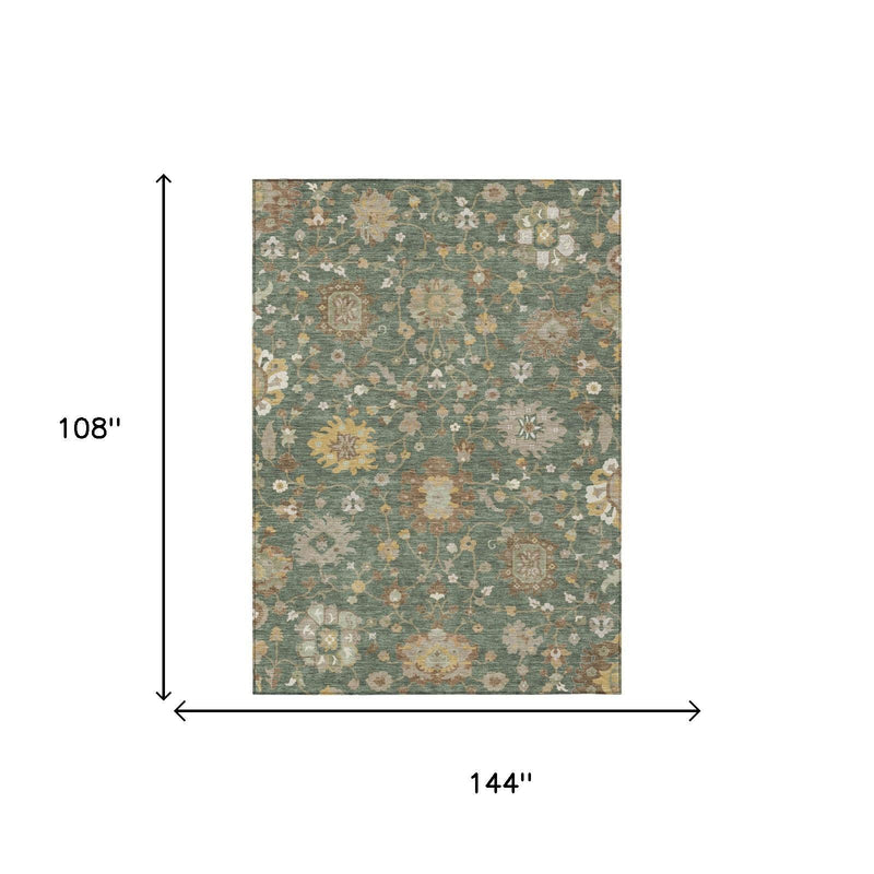 Teal and beige floral area rug size diagram, 144 in x 108 in