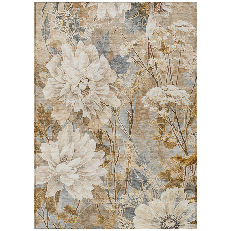 Beige and brown floral indoor area rug, full flat view with gray-blue background