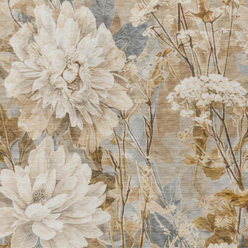 Floral area rug pattern in beige blooms with brown linework on gray-blue ground