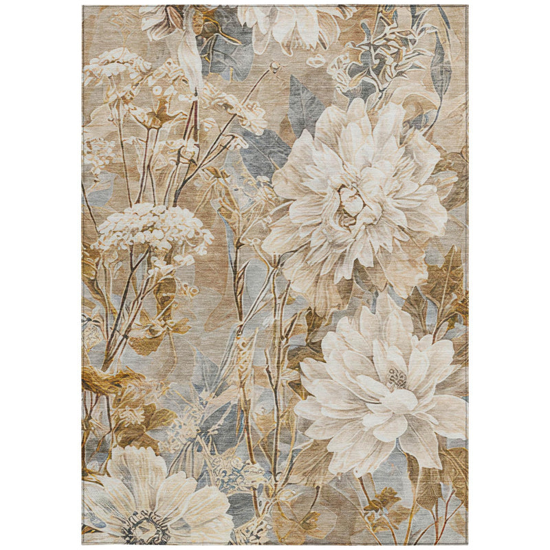 Beige and brown floral area rug with gray-blue background, full view