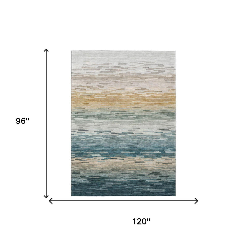 Teal blue and silver striped washable area rug, 8 ft by 10 ft rectangle