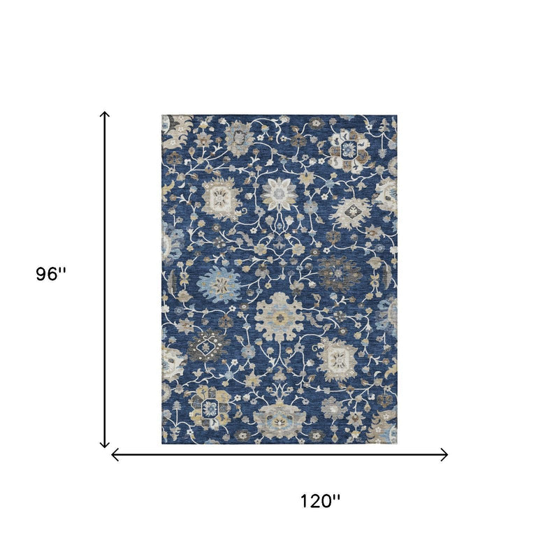 Rectangular navy floral area rug; 96 in by 120 in size diagram