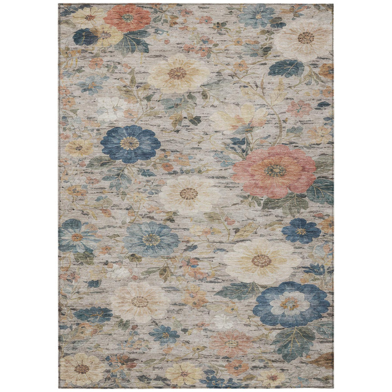 Rectangular ivory floral area rug with blue and coral flower pattern