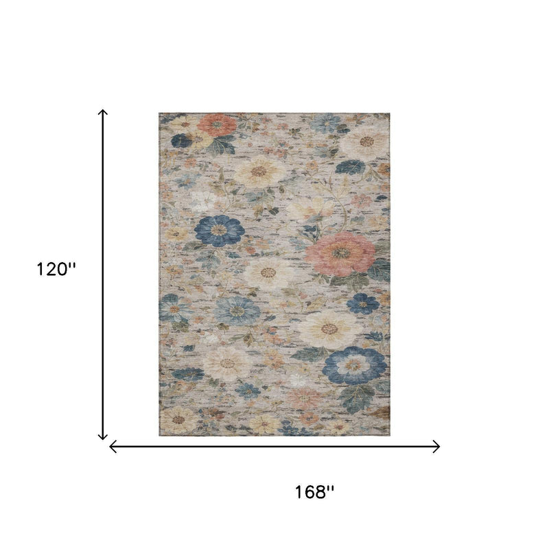 Ivory floral area rug, 10x14 ft rectangular size shown with blue and coral blooms