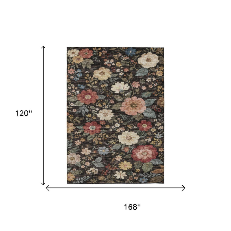 Rectangular floral area rug in dark charcoal with multicolor blossoms.