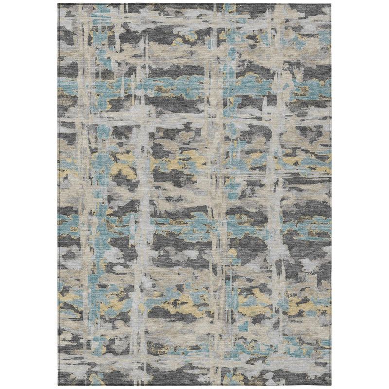 Full abstract area rug with gray base and light blue distressed pattern blocks