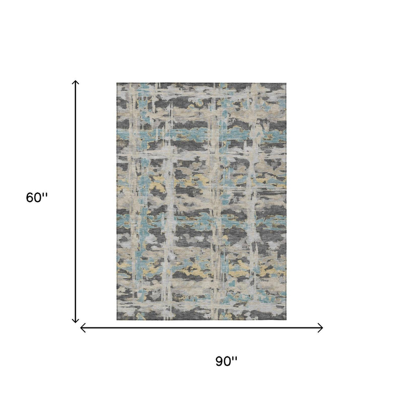 Rectangular rug, 90 in by 60 in, gray and light blue abstract distressed pattern