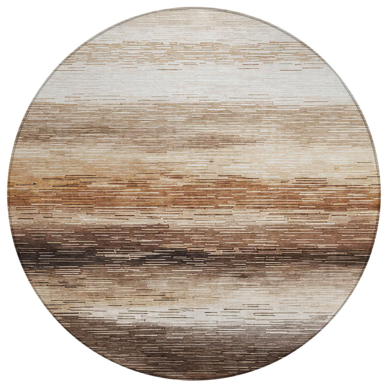 Round area rug with brown, silver, and beige horizontal stripe pattern