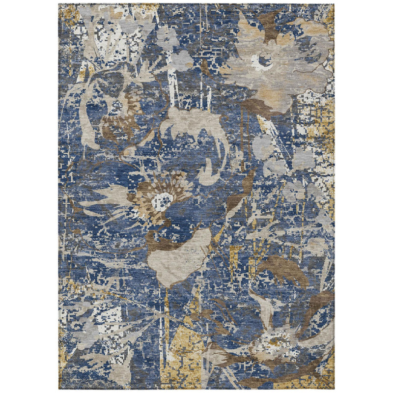 Rectangular area rug in navy blue and cream with faded botanical floral look