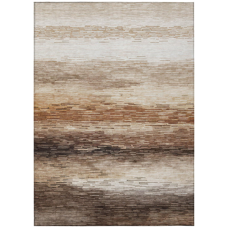 Brown and silver striped area rug full view with flat rectangular border