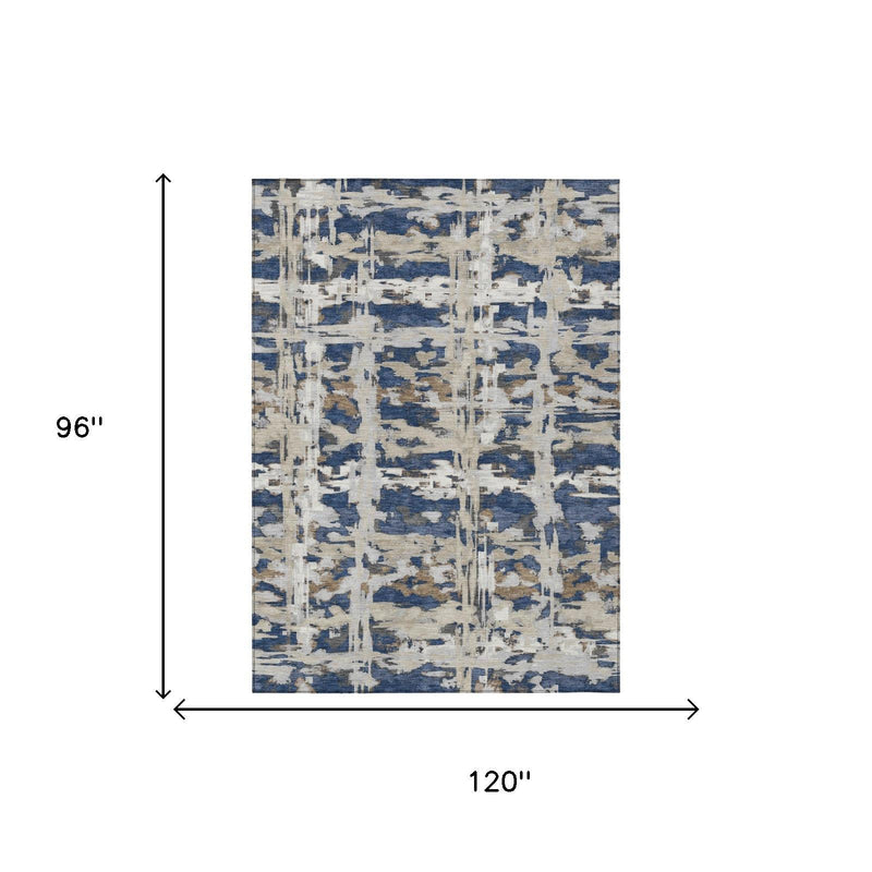 Rectangular navy-blue abstract area rug, 8x10 size shown, distressed pattern